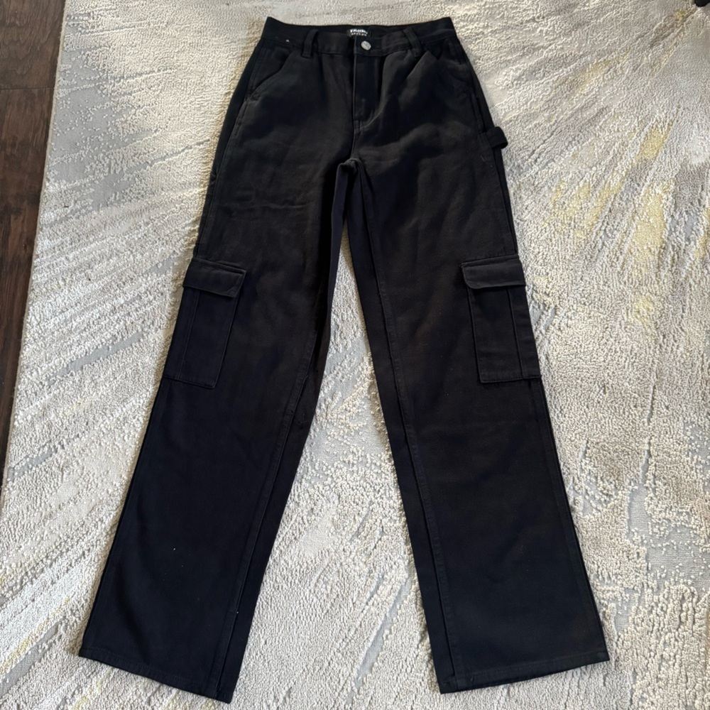 Pacsun Playboy black jeans high rise cargo bunny logo straight wide leg 24